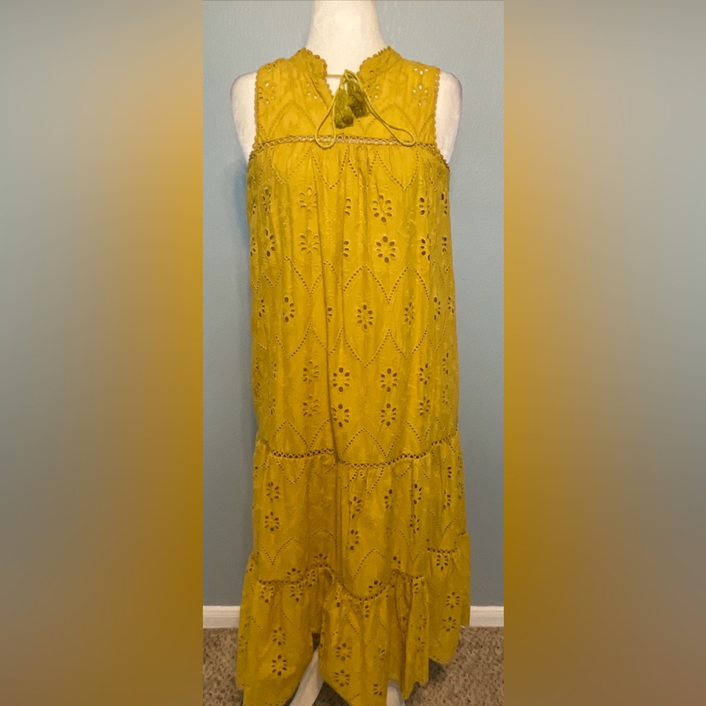 Chicwish Mustard Yellow Eyelet Embroidered Midi Dress Boho Cottagecore Small
